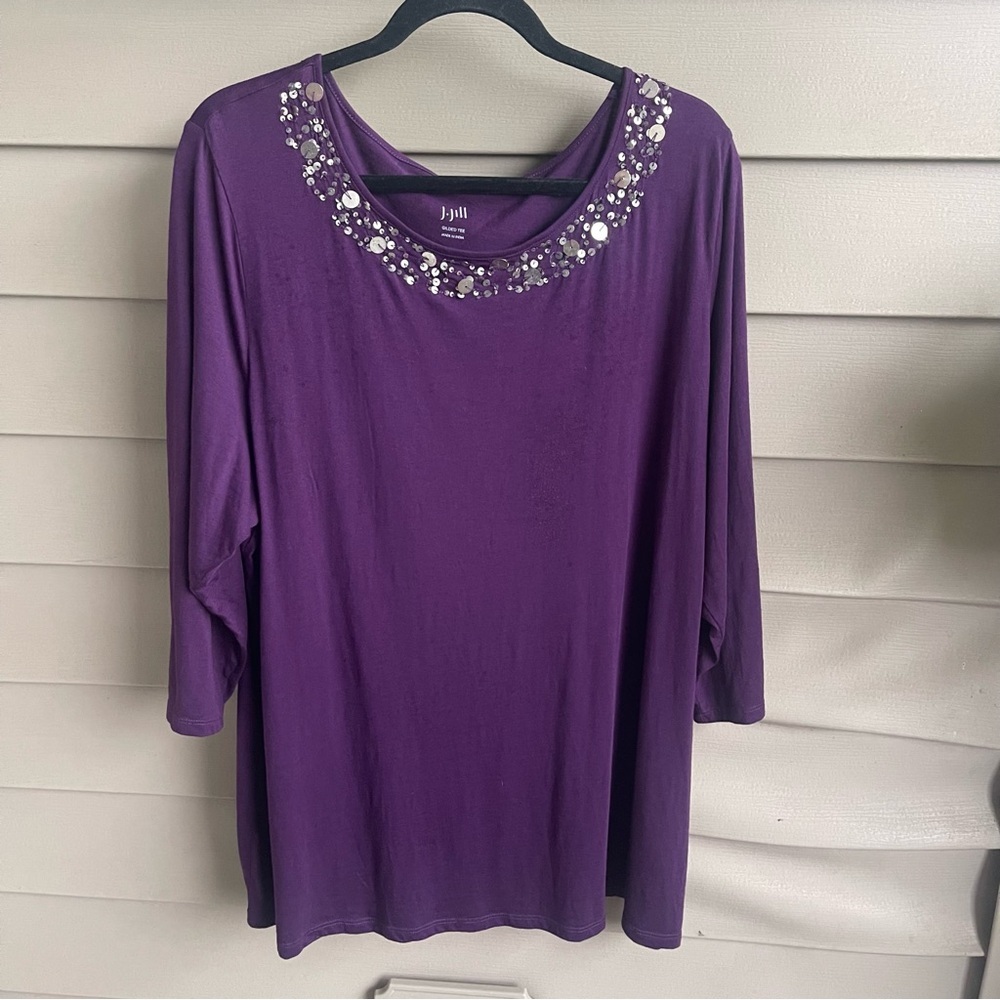 J. Jill Sz 3X Embellished‎ Purple Gilded Tee Shirt Pima Cotton Modal Mature